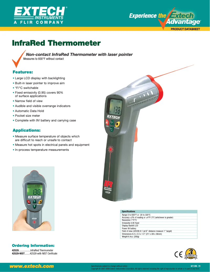 Page 1 de la notice Fiche technique Extech 42529