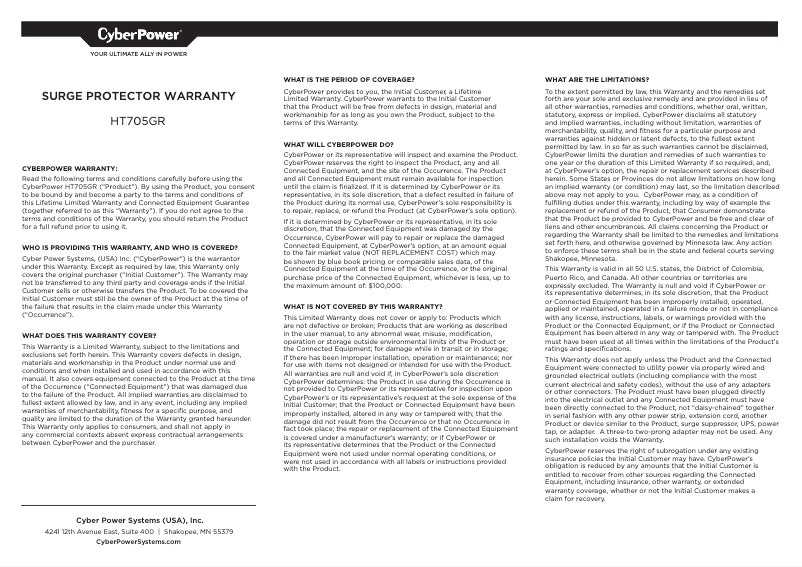Page n°1 - Informations de garantie CyberPower HT705GR