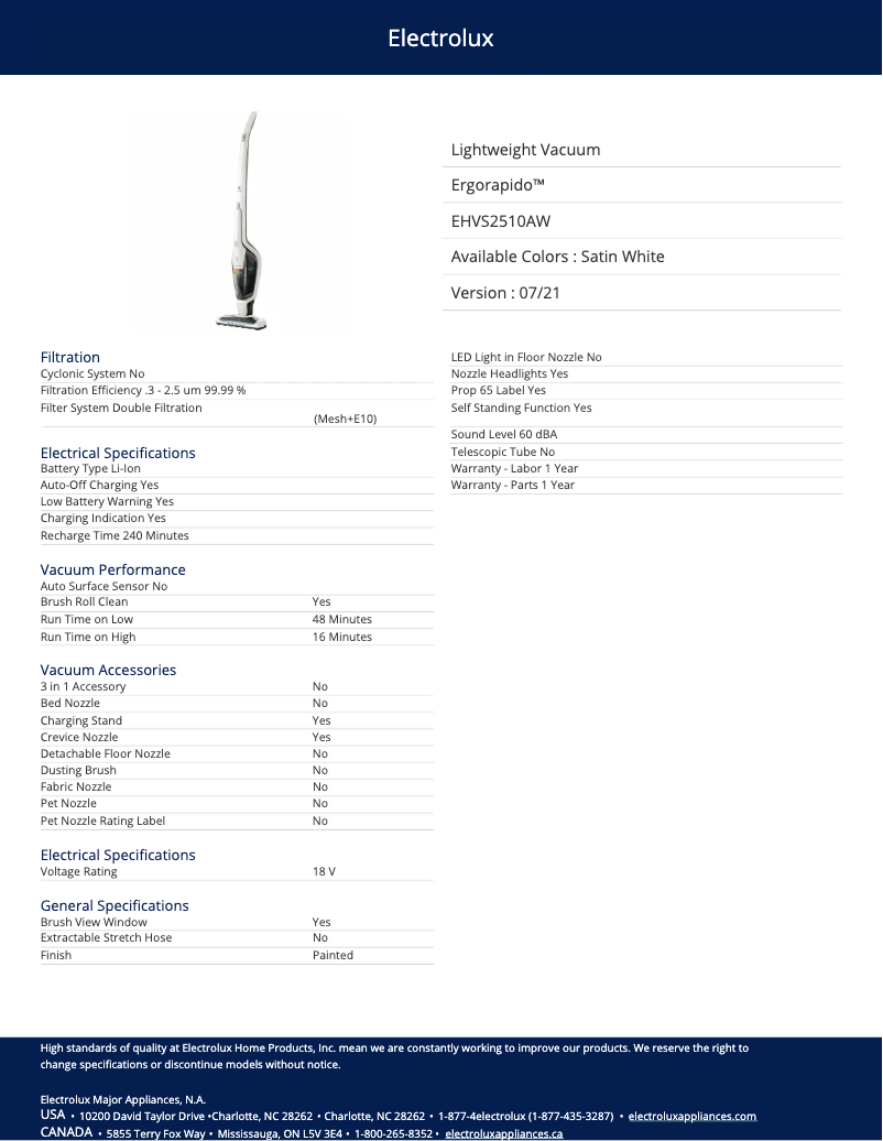 Page 1 de la notice Fiche technique Electrolux Ergorapido EHVS2510AW