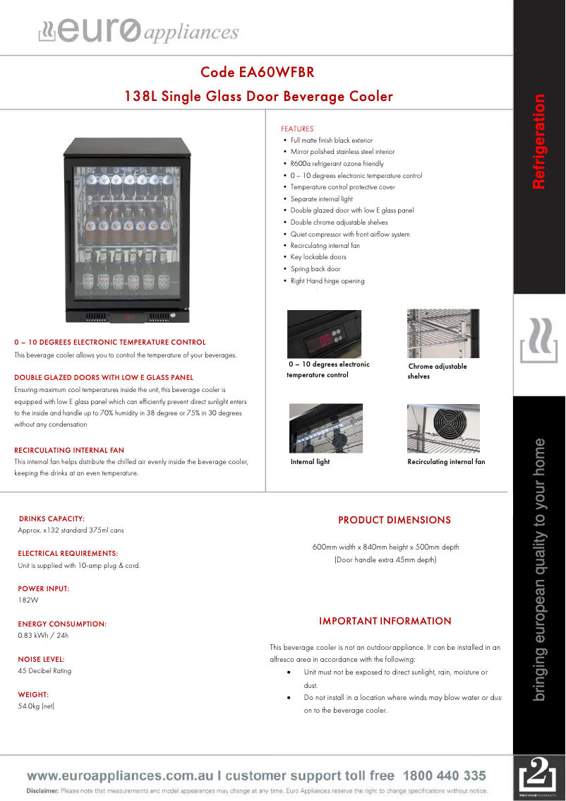 Page 1 de la notice Fiche technique Euro Appliances EA60WFBR