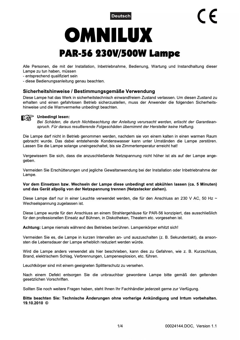 Page 1 de la notice Manuel utilisateur Omnilux PAR-56