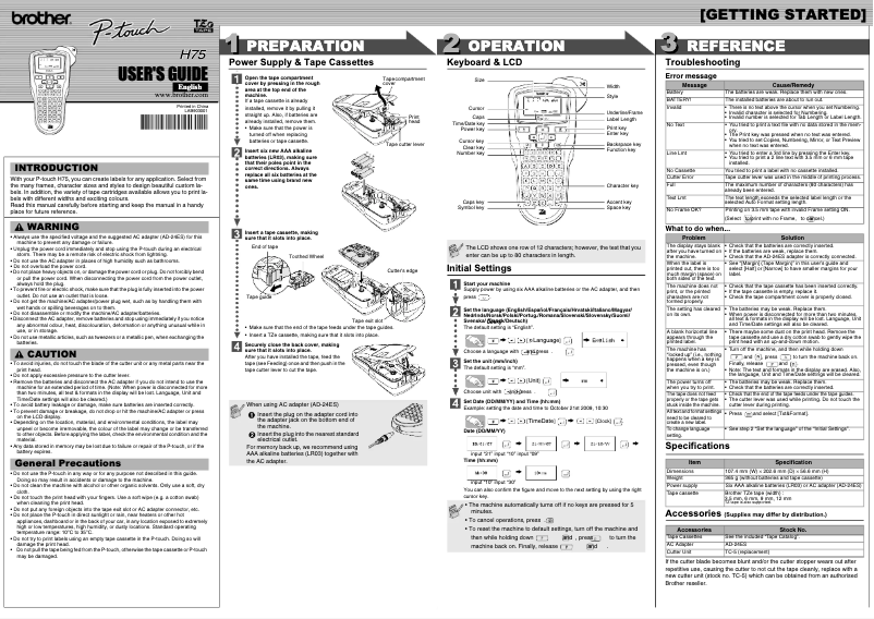 Image de la première page du manuel de l'appareil P-Touch H75