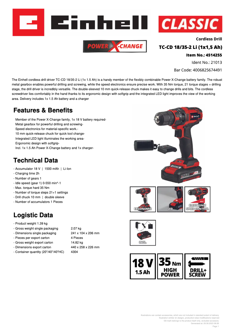 Page 1 de la notice Fiche technique Einhell TC-CD 18/35-2 Li