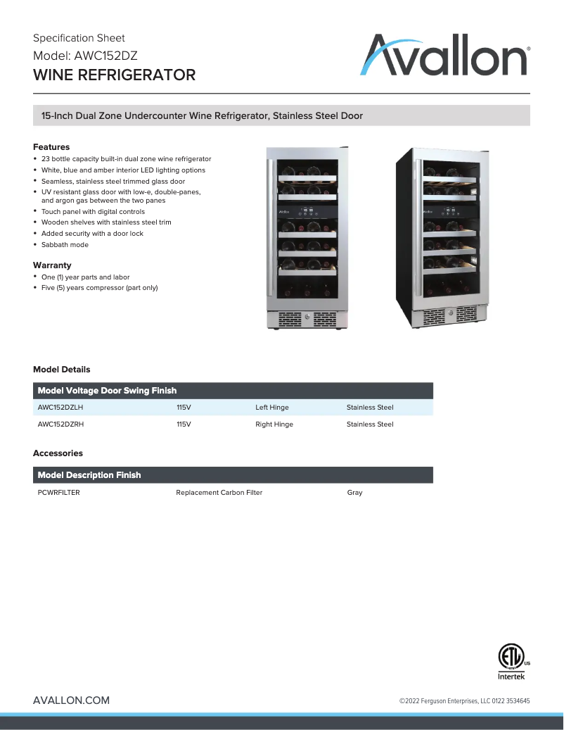 Page 1 de la notice Fiche technique Avallon AWC152DZ