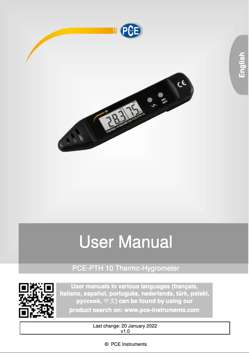 Page 1 de la notice Manuel utilisateur PCE Instruments PCE-PTH 10