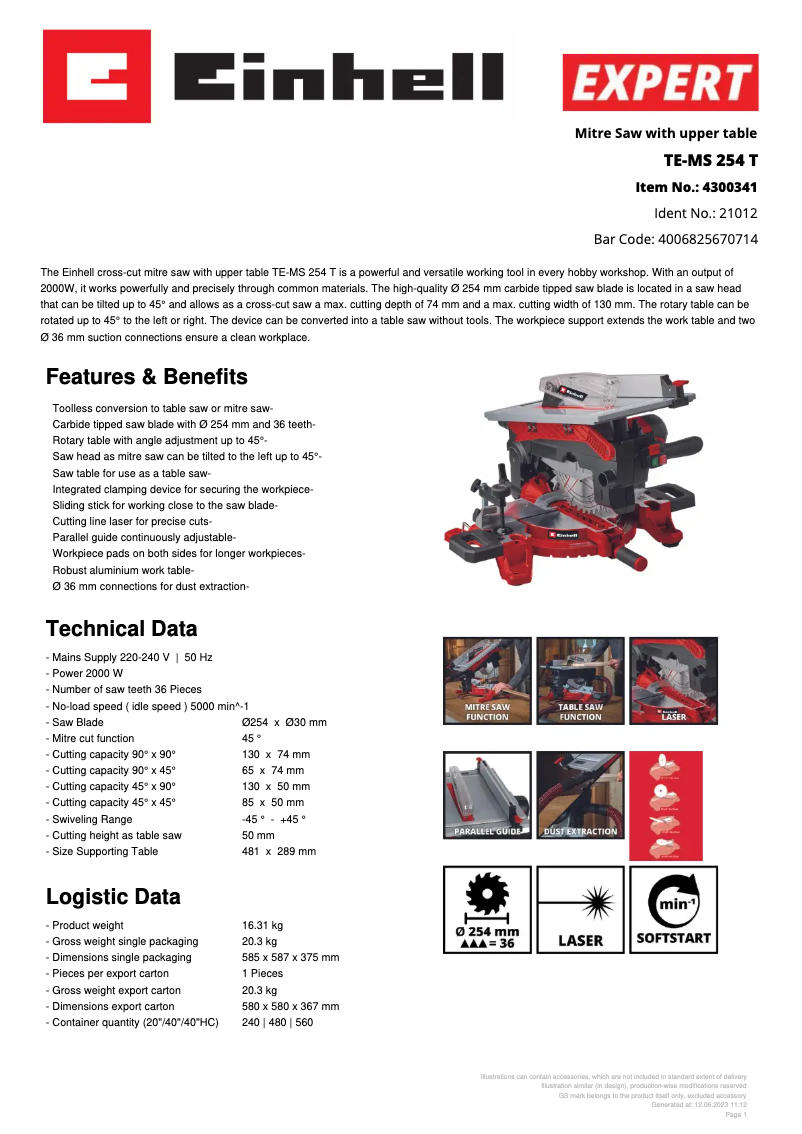 Page 1 de la notice Fiche technique Einhell TE-MS 254 T