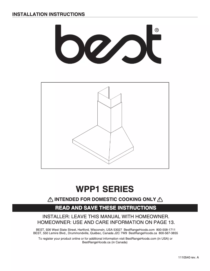 Page n°1 - Manuel utilisateur Best WPP14812SS