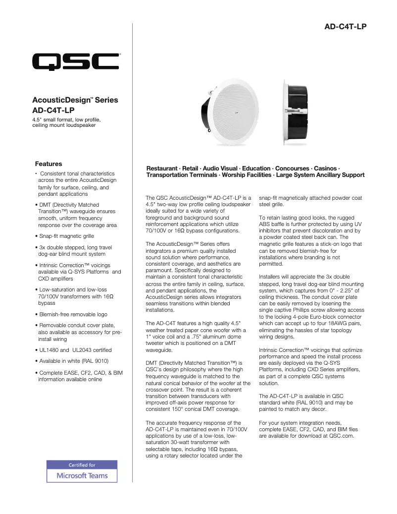 Page 1 de la notice Fiche technique QSC AD-C4T-LP