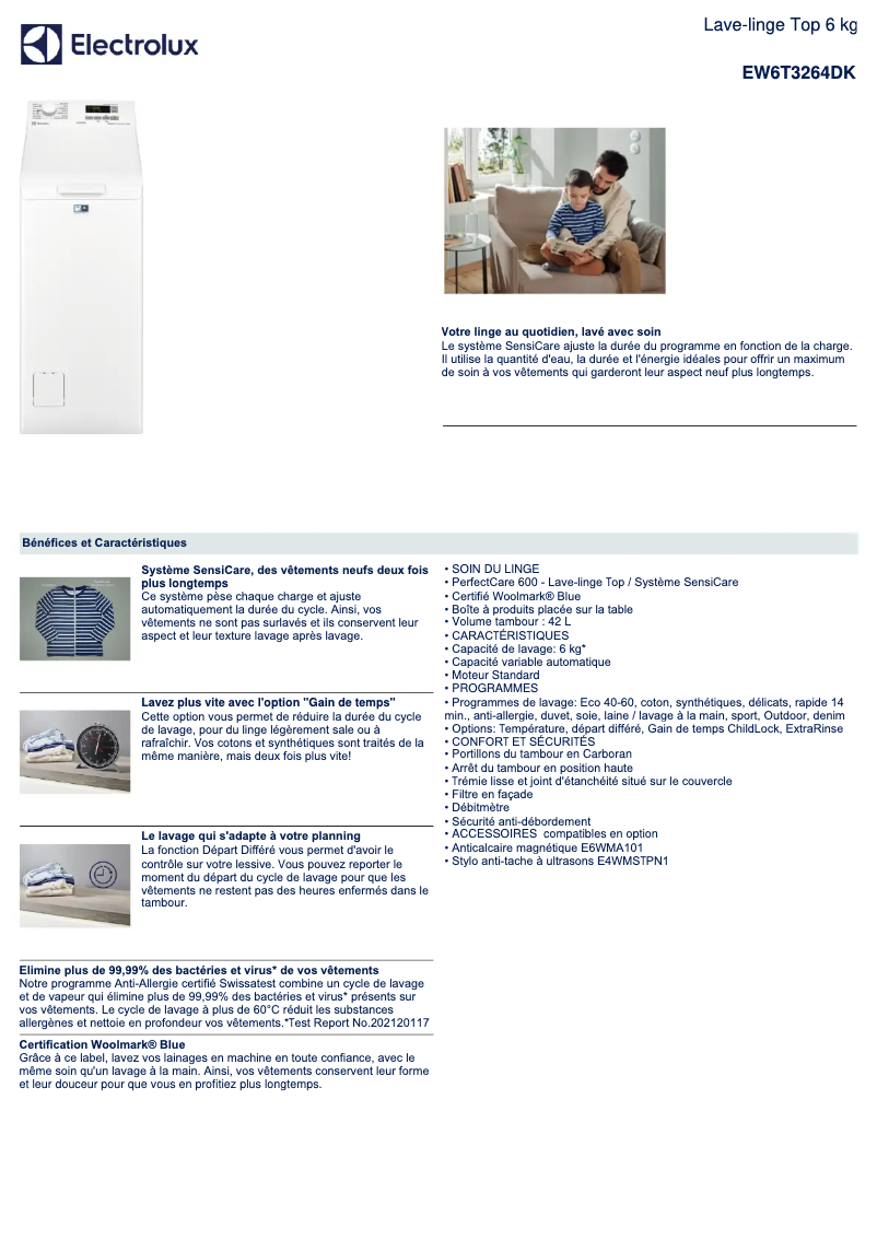 Page 1 de la notice Fiche technique Electrolux EW6T3264DK