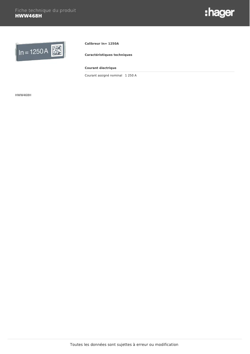 Page 1 de la notice Fiche technique Hager HWW468H