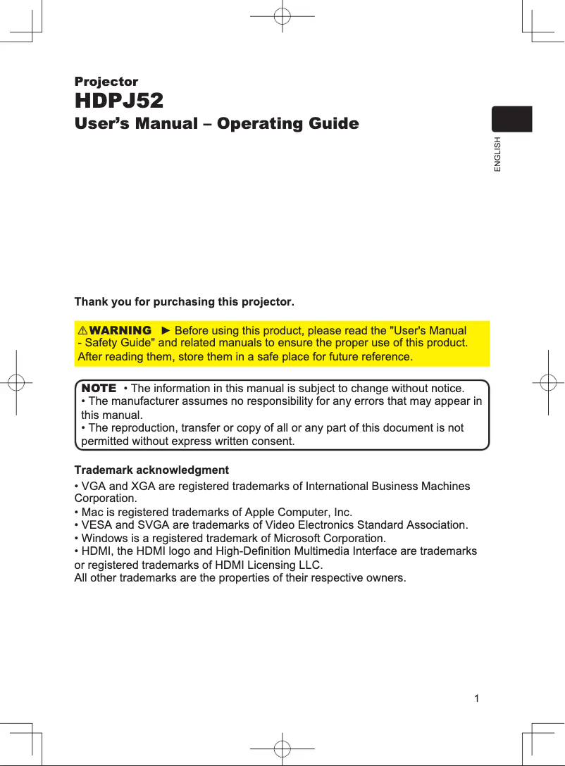 Page 1 de la notice Manuel utilisateur Hitachi HDPJ52
