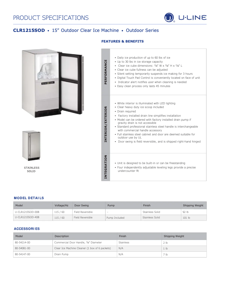 Page n°1 - Fiche technique U-Line U-CLR1215OD
