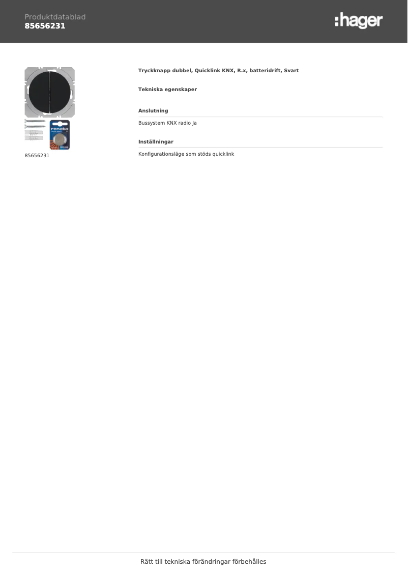 Page n°1 - Fiche technique Hager 85656231