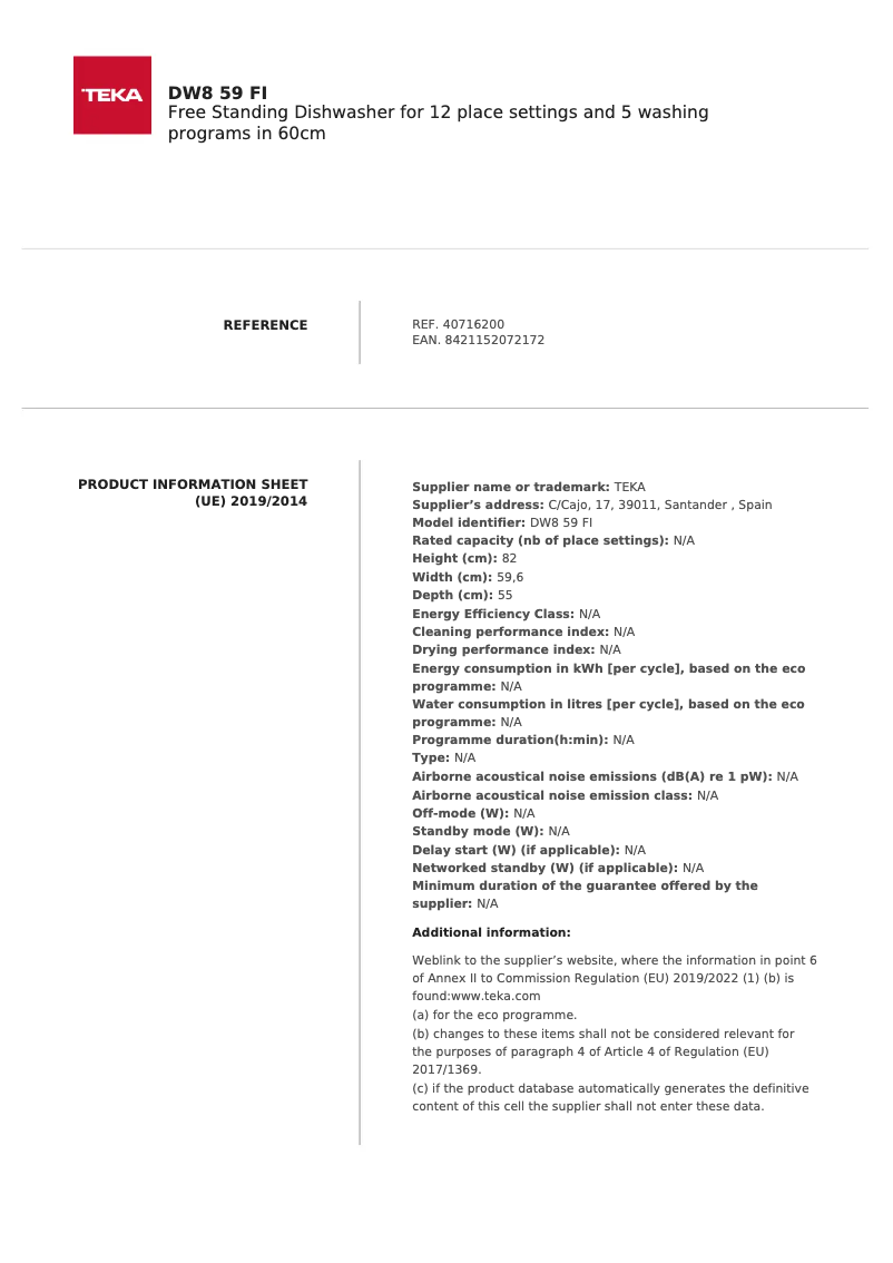 Page n°1 - Fiche technique Teka DW8 80 FI