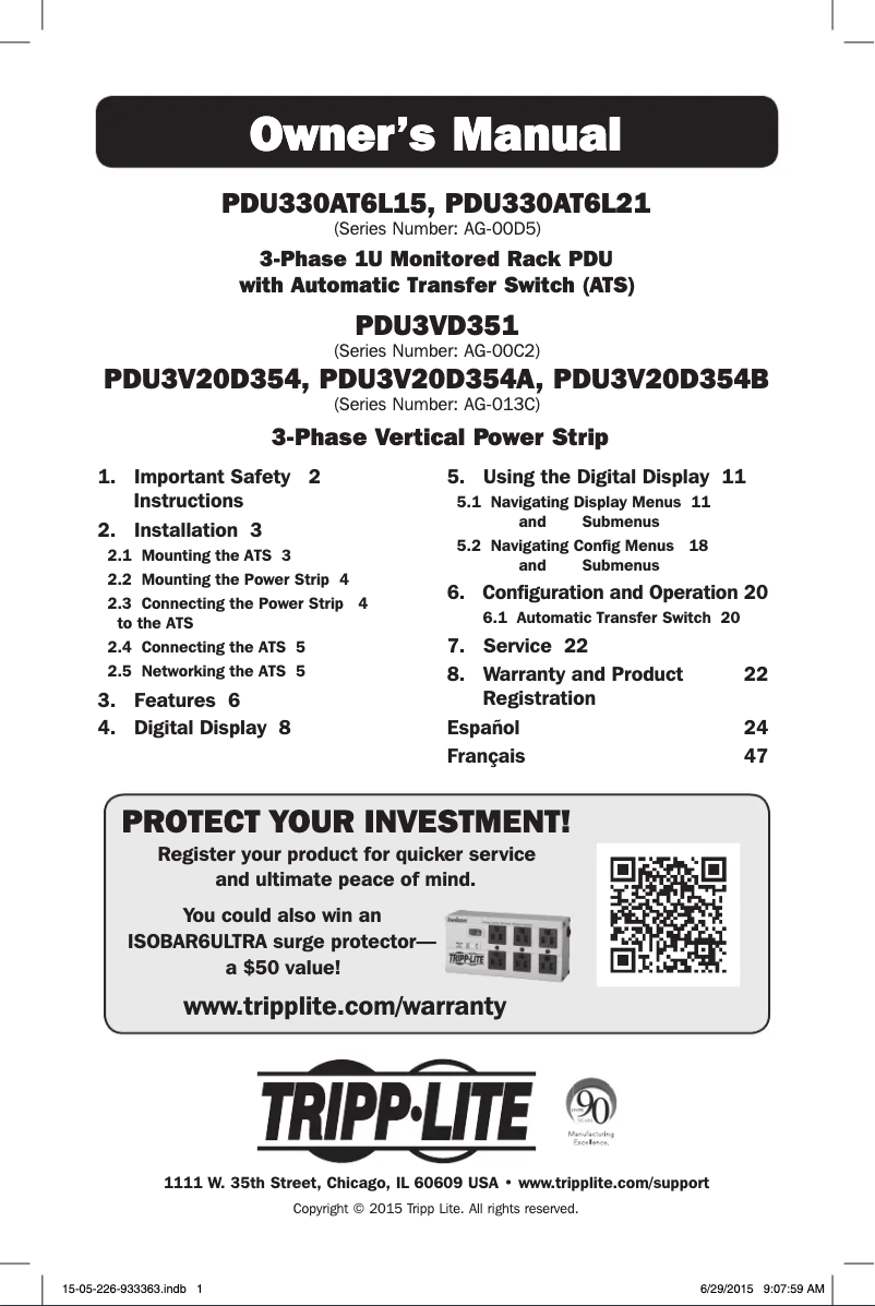 Page 1 de la notice Manuel utilisateur Tripp Lite PDU3V20D354A