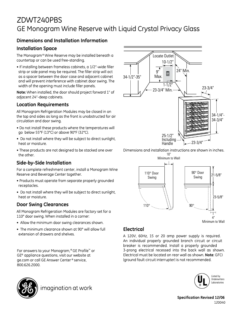 Page 1 de la notice Fiche technique GE ZDWT240PBS