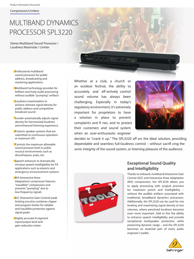 Page 1 de la notice Fiche technique Behringer Eurocom SPL3220