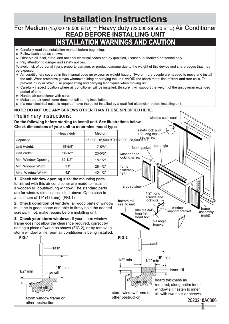 Page n°1 - Guide d'installation Frigidaire LRA157MT1