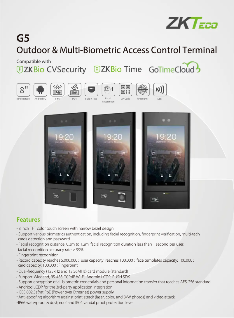 Página 1 del manual Ficha técnica ZKTeco G5