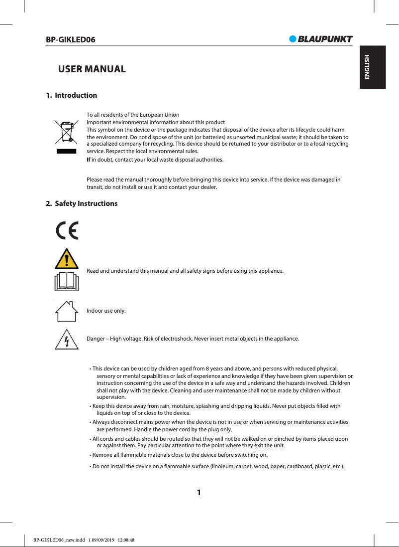 Page 1 de la notice Manuel utilisateur Blaupunkt BP-GIKLED06