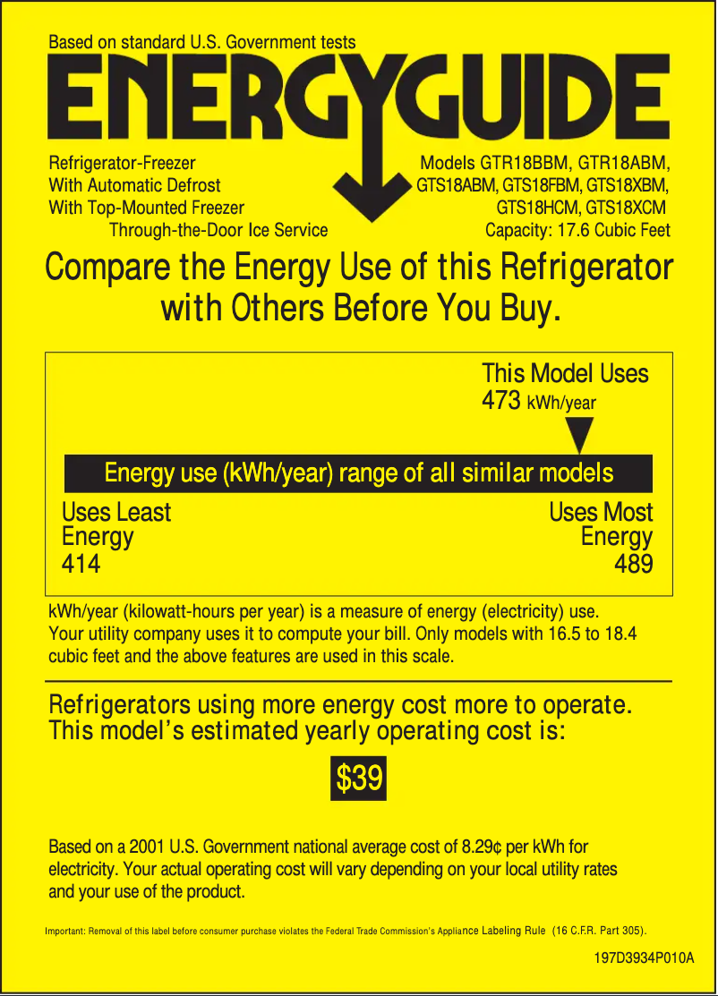 Page 1 de la notice Label énergétique GE GTR18BBMWW