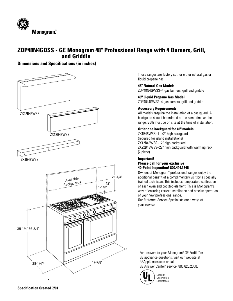 Page 1 de la notice Fiche technique GE ZDP48N4GDSS
