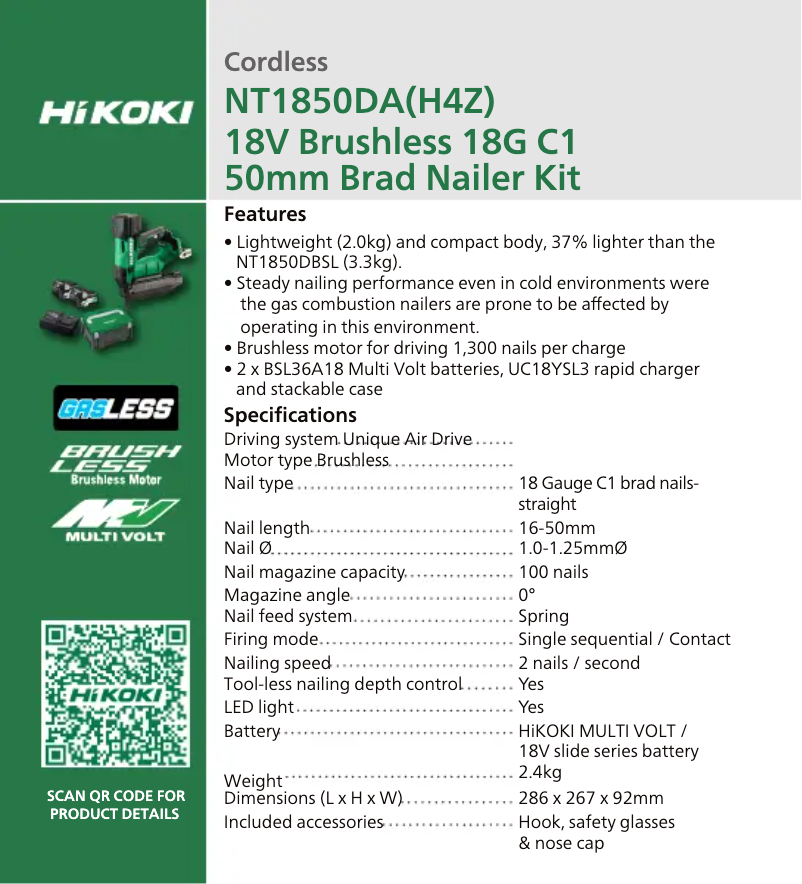 Page 1 de la notice Fiche technique HiKOKI NT1850DA