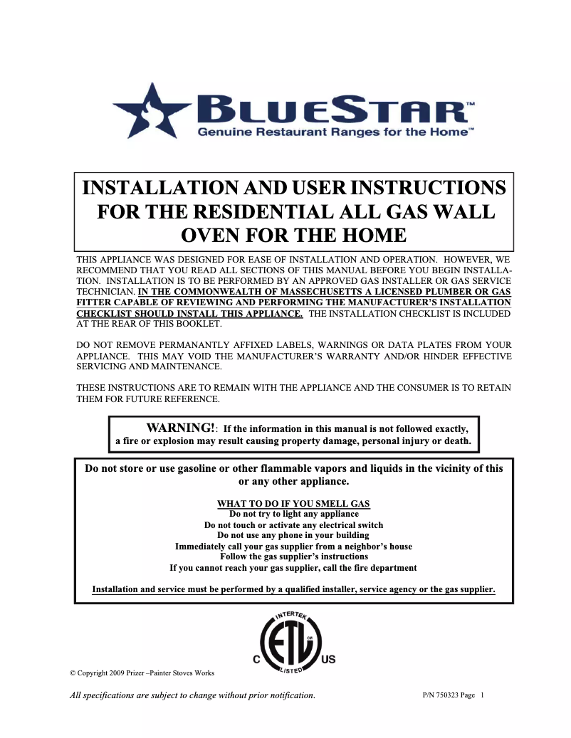 Page 1 de la notice Manuel utilisateur BlueStar BWO36AGSCPLT