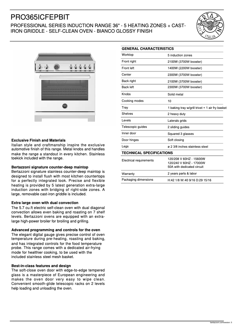 Page 1 de la notice Fiche technique Bertazzoni PRO365ICFEPBIT