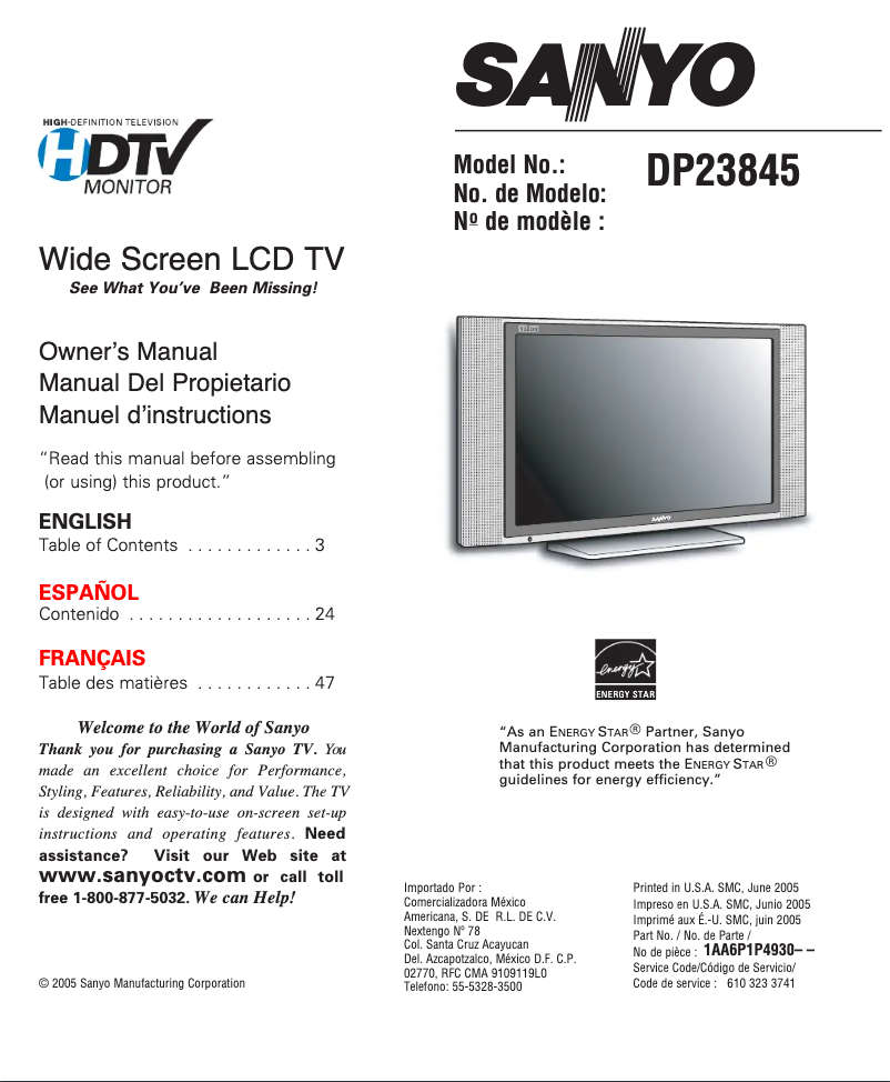 Page 1 de la notice Manuel utilisateur Sanyo DP23845