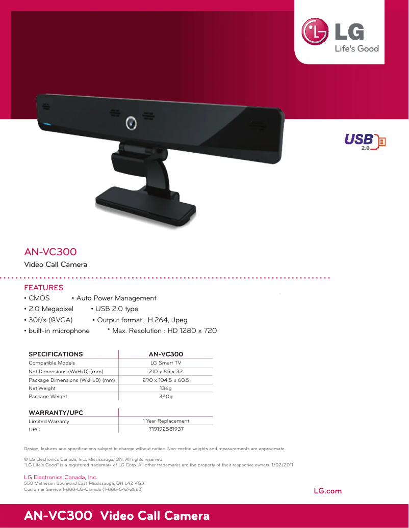 Page 1 de la notice Fiche technique LG AN-VC300