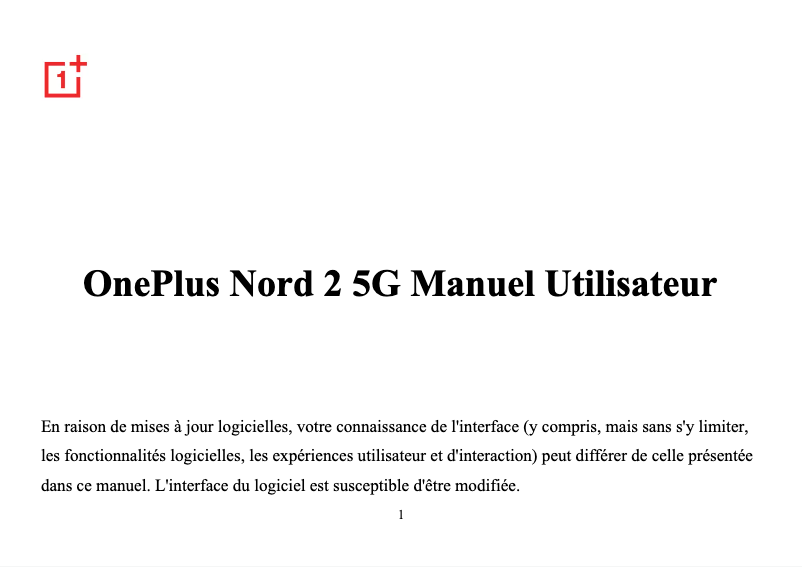 Page 1 de la notice Manuel utilisateur OnePlus Nord 2 5G