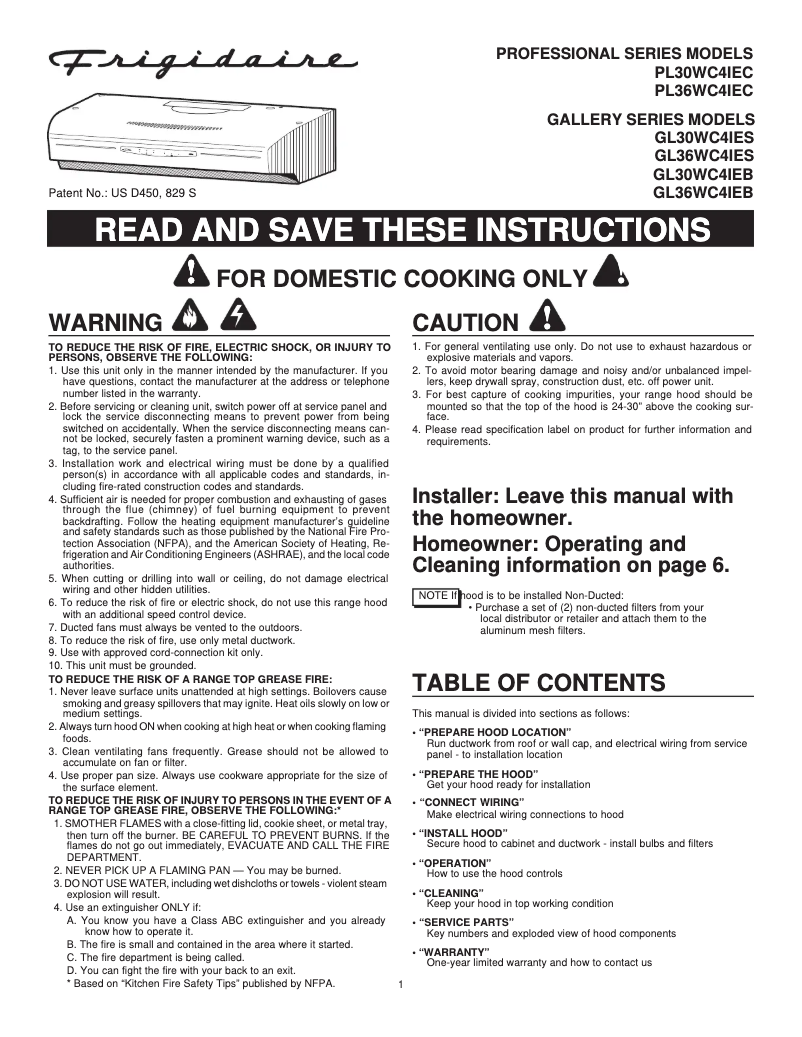Page 1 de la notice Guide d'installation Frigidaire GL30WC41EB