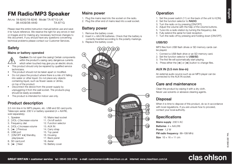 Page n°1 - Manuel utilisateur Clas Ohlson TA-871G