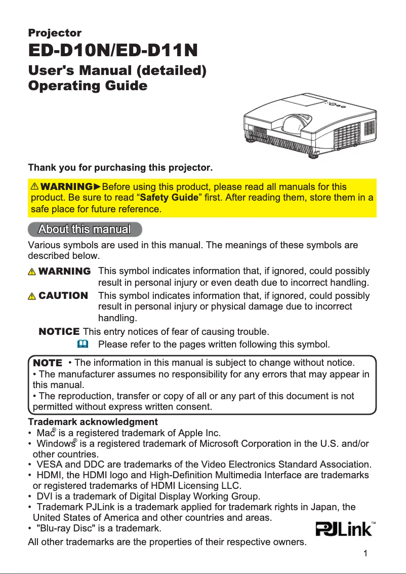 Page 1 de la notice Manuel utilisateur Hitachi ED-D11NEF
