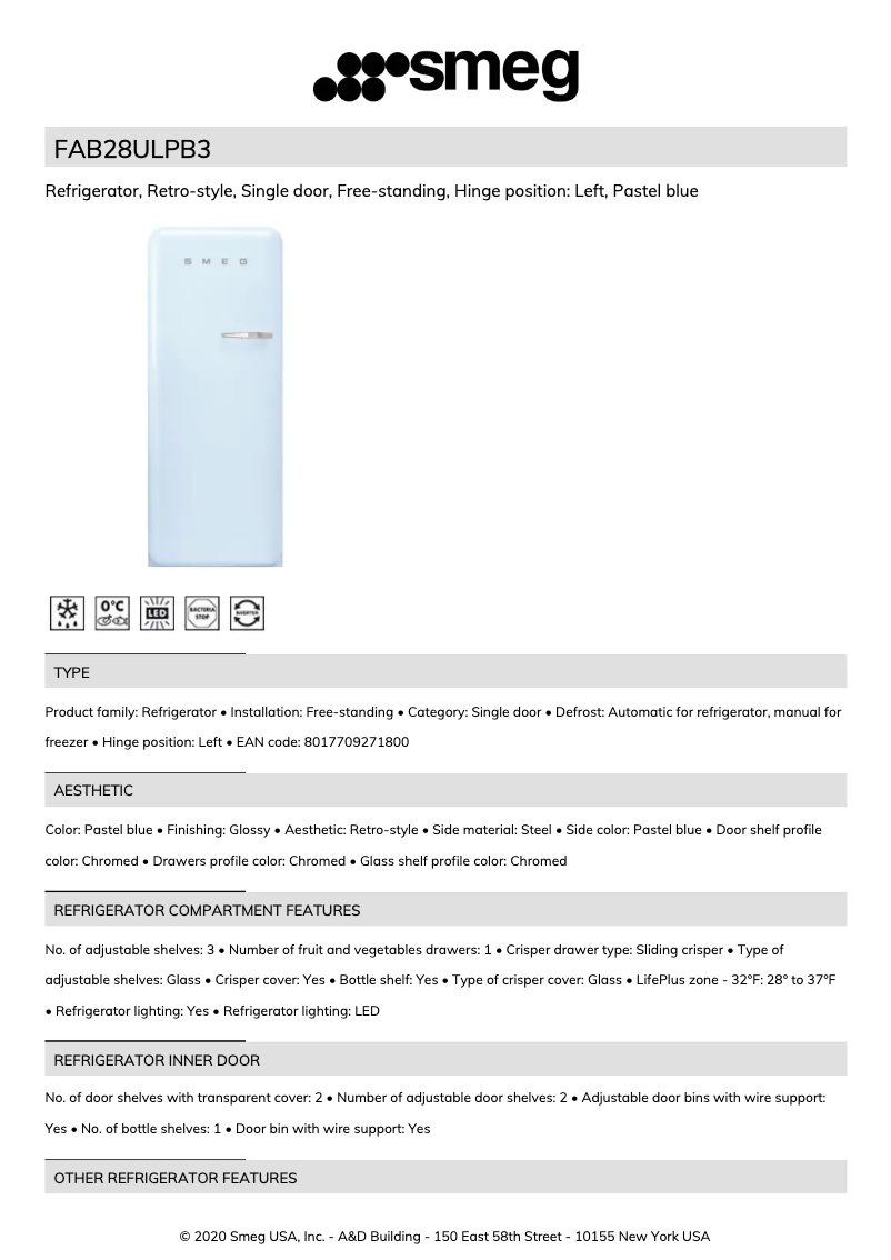 Page 1 de la notice Fiche technique Smeg FAB28ULPB3