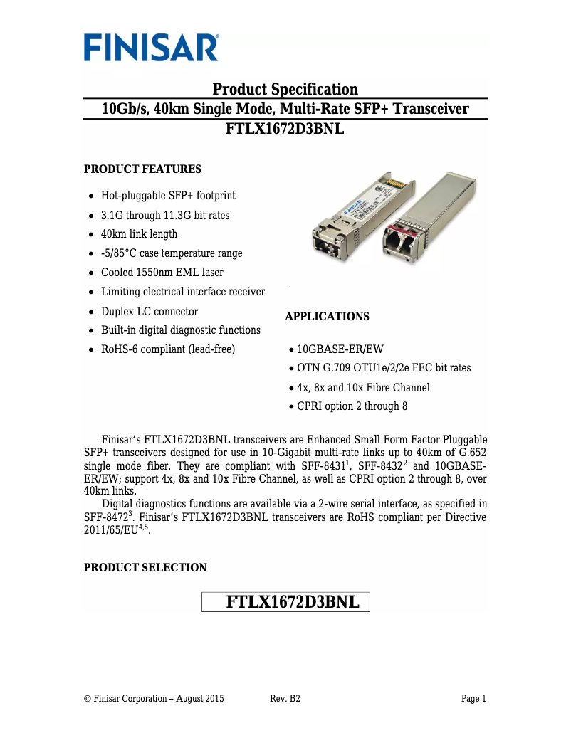 Page n°1 - Manuel utilisateur Finisar FTLX1672D3BNL