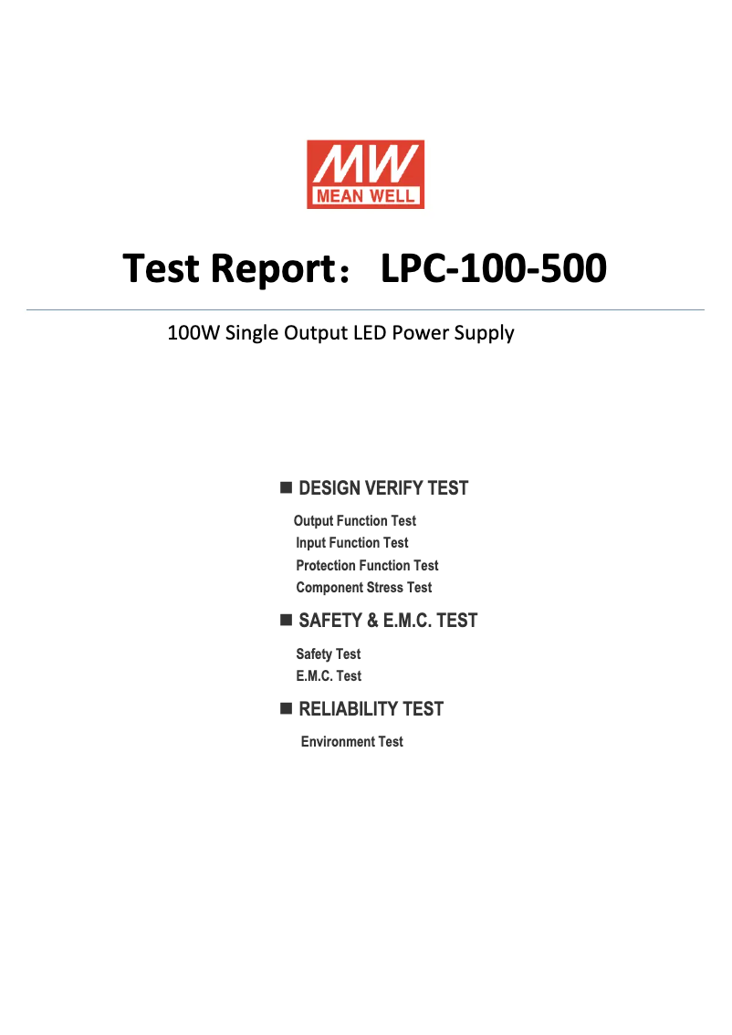 Page 1 de la notice Fiche technique Mean Well LPC-100-500