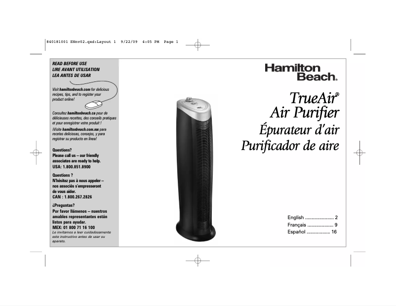 Page 1 de la notice Manuel utilisateur Hamilton Beach True Air 04493