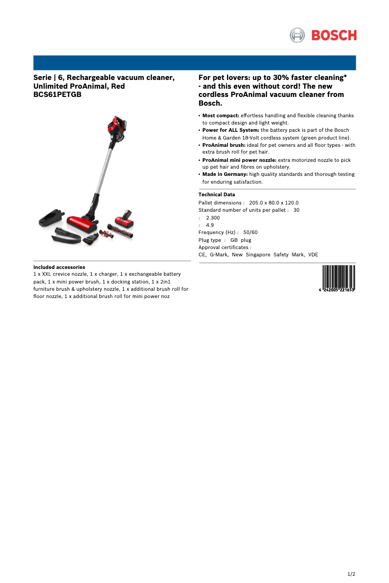 Page n°1 - Fiche technique Bosch BCS61PETGB