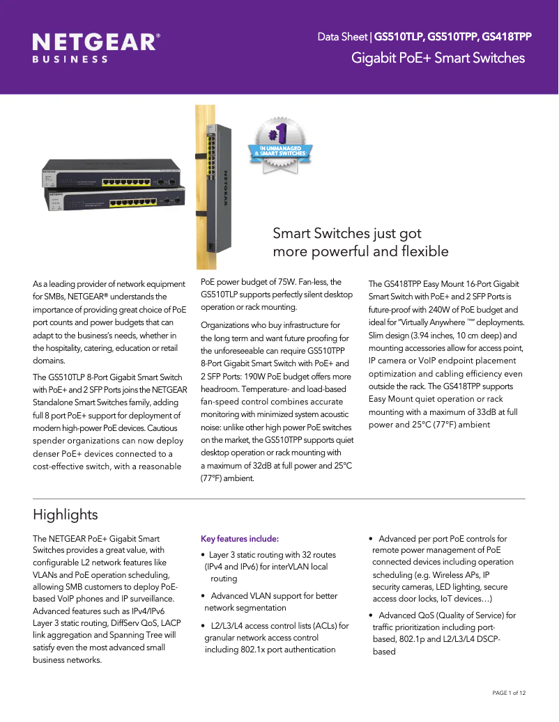 Page n°1 - Fiche technique Netgear ProSafe GS510TPP