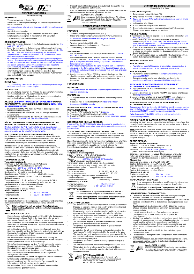 Page n°1 - Manuel utilisateur Velleman WS9009