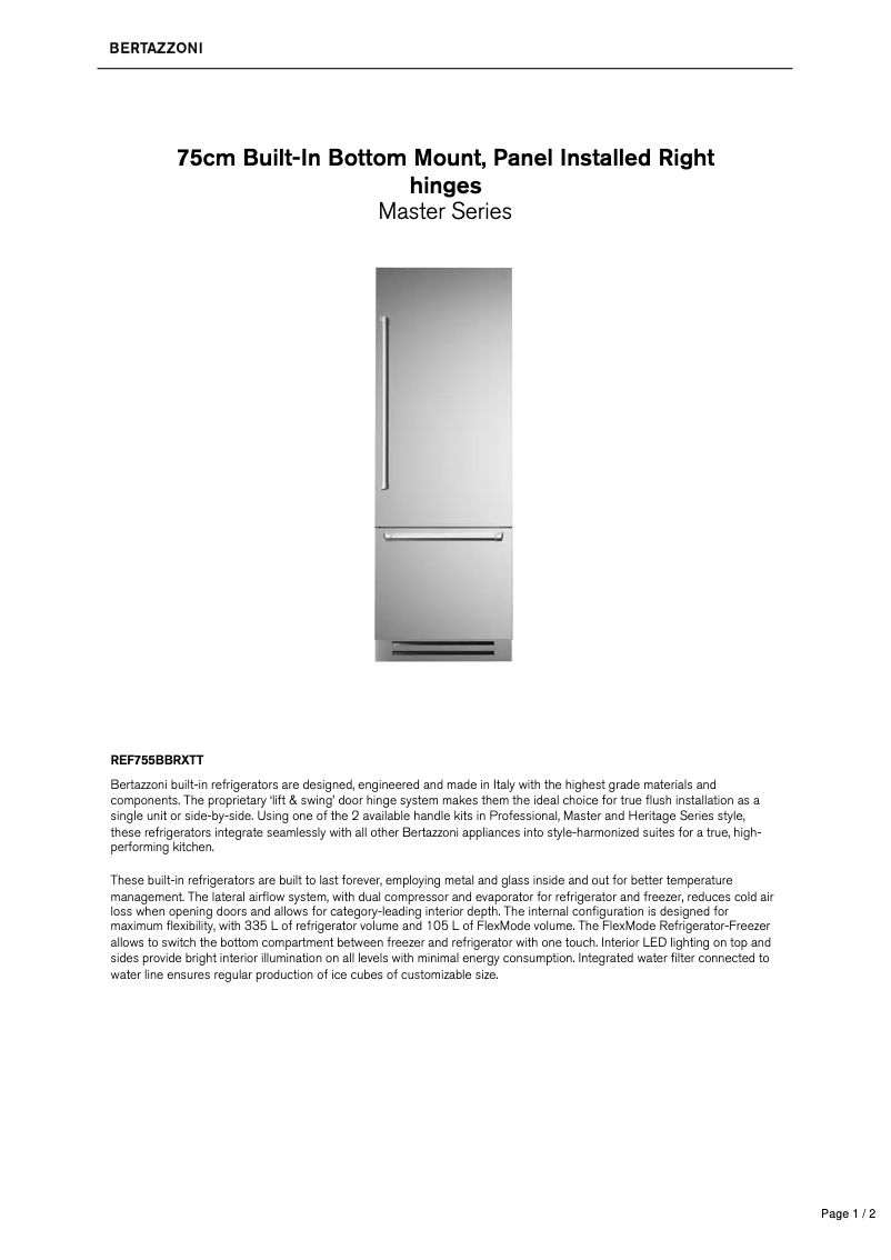 Page 1 de la notice Fiche technique Bertazzoni REF755BBRXTT