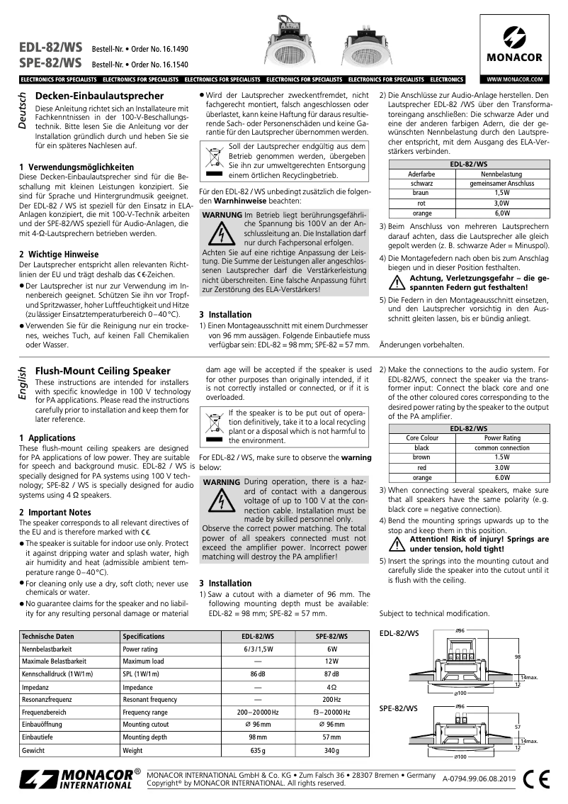Page 1 de la notice Manuel utilisateur Monacor SPE-82/WS