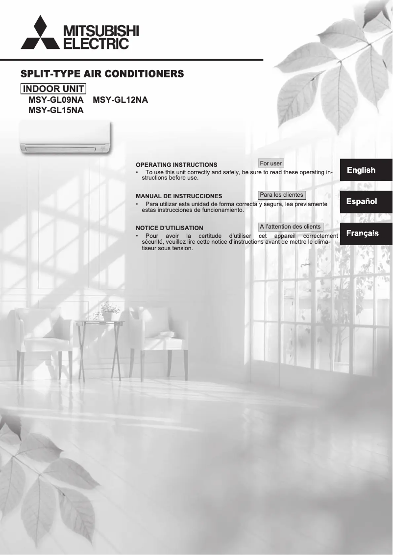 Page 1 de la notice Manuel utilisateur Mitsubishi MSY-GL09NA-U1