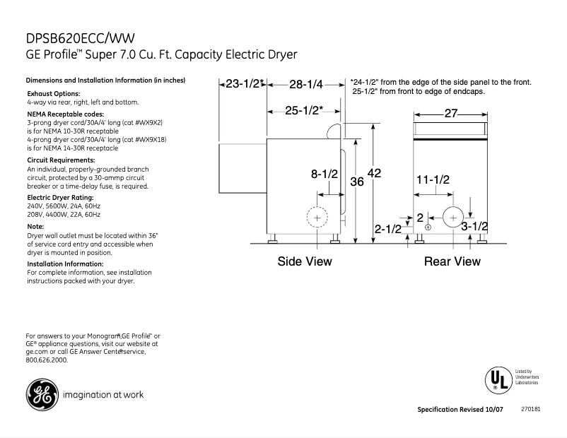 Page 1 de la notice Fiche technique GE Profile DPSB620ECCC