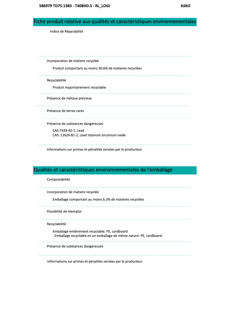 Page n°1 - Fiche technique Asko H408HDS