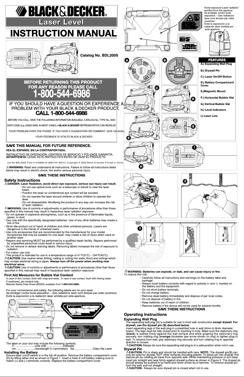 Page 1 de la notice Manuel utilisateur Black & Decker BDL200S