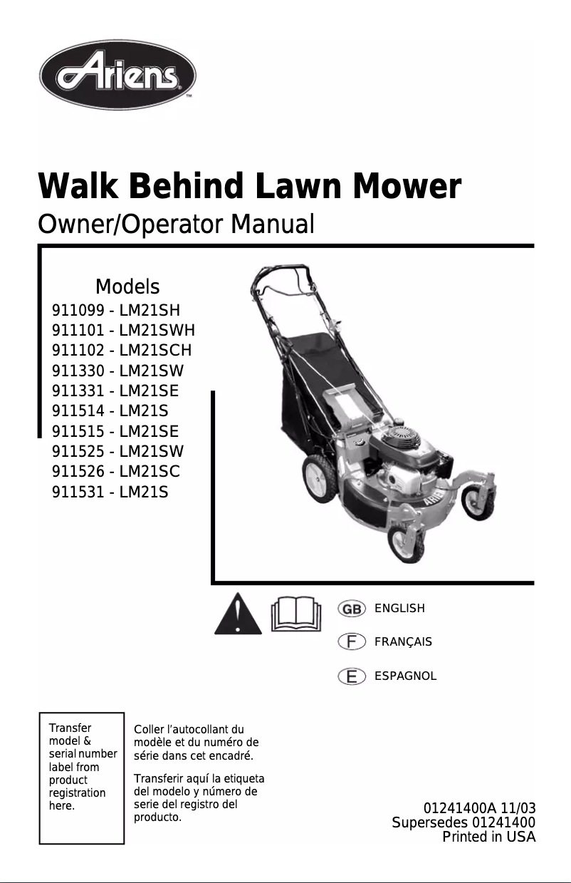 Page n°1 - Manuel utilisateur Ariens LM21SE