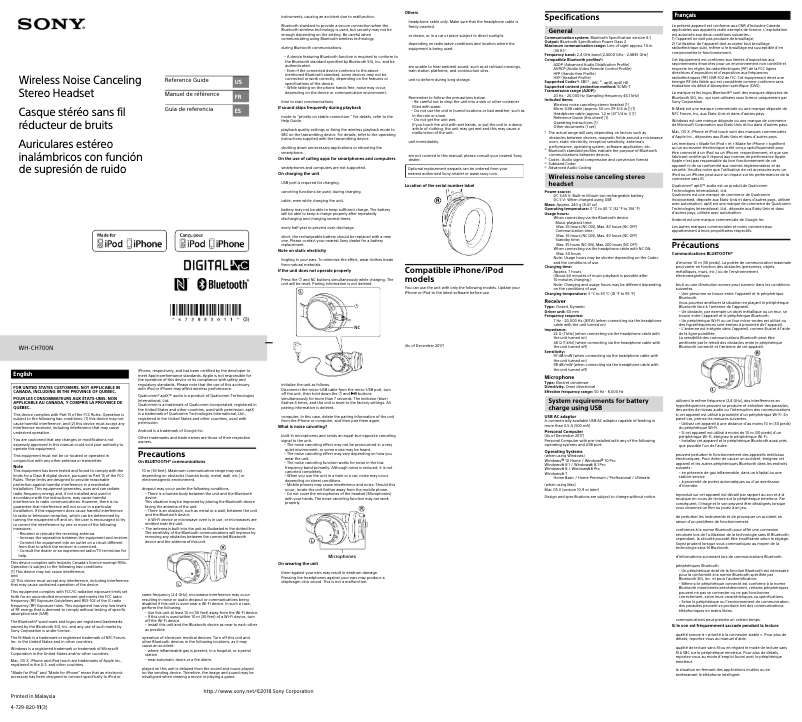 Page 1 de la notice Manuel utilisateur Sony WH-CH700N